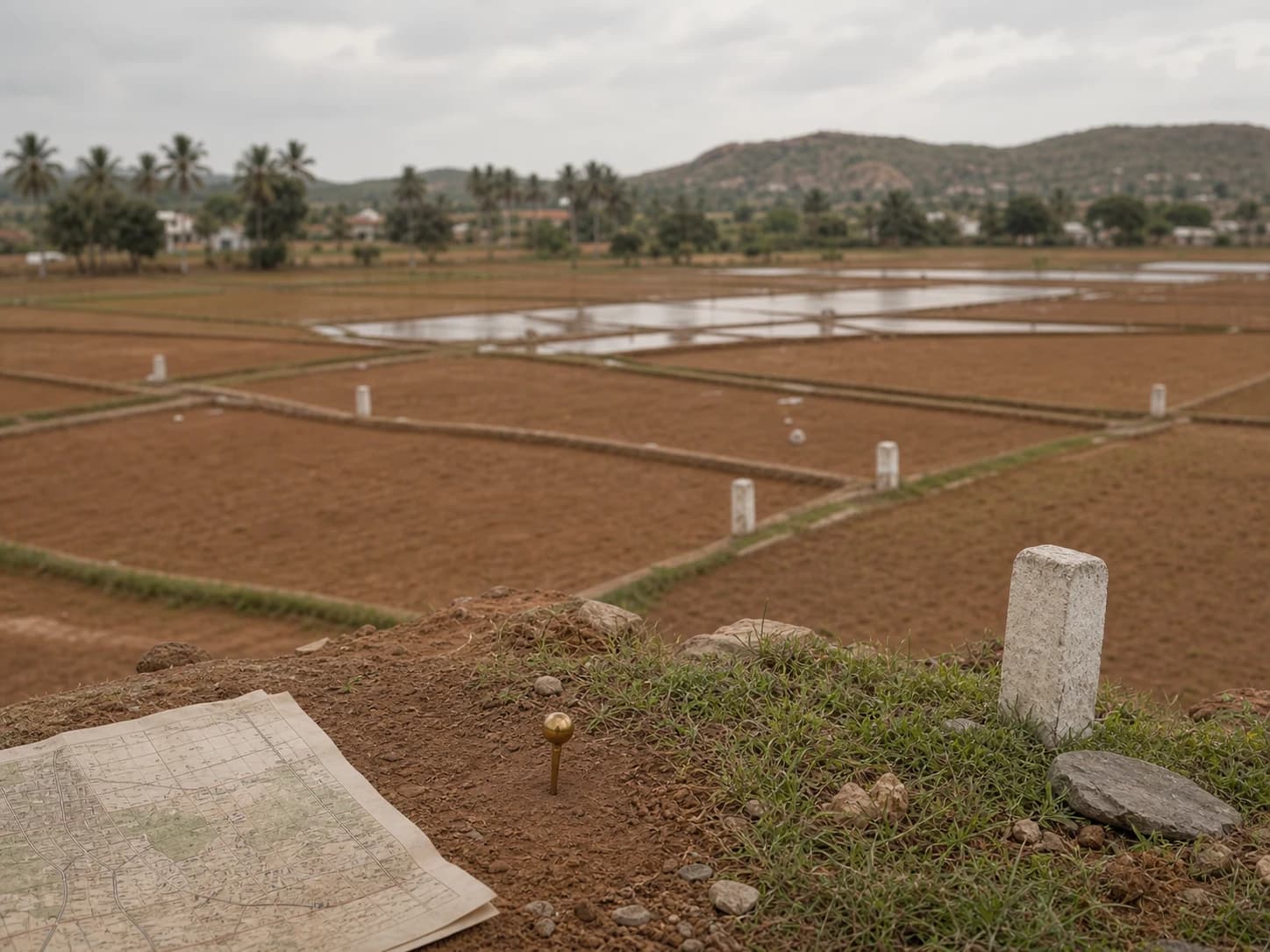 Rural Karnataka parcels with survey stones, red soil, and a folded field map