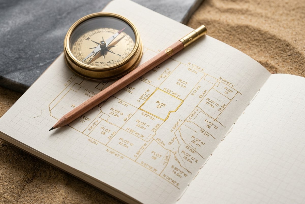 A macro detail of an open field-measurement notebook on warm sand, its page a grid of hand-drawn parcel polygons annotated with bearings and