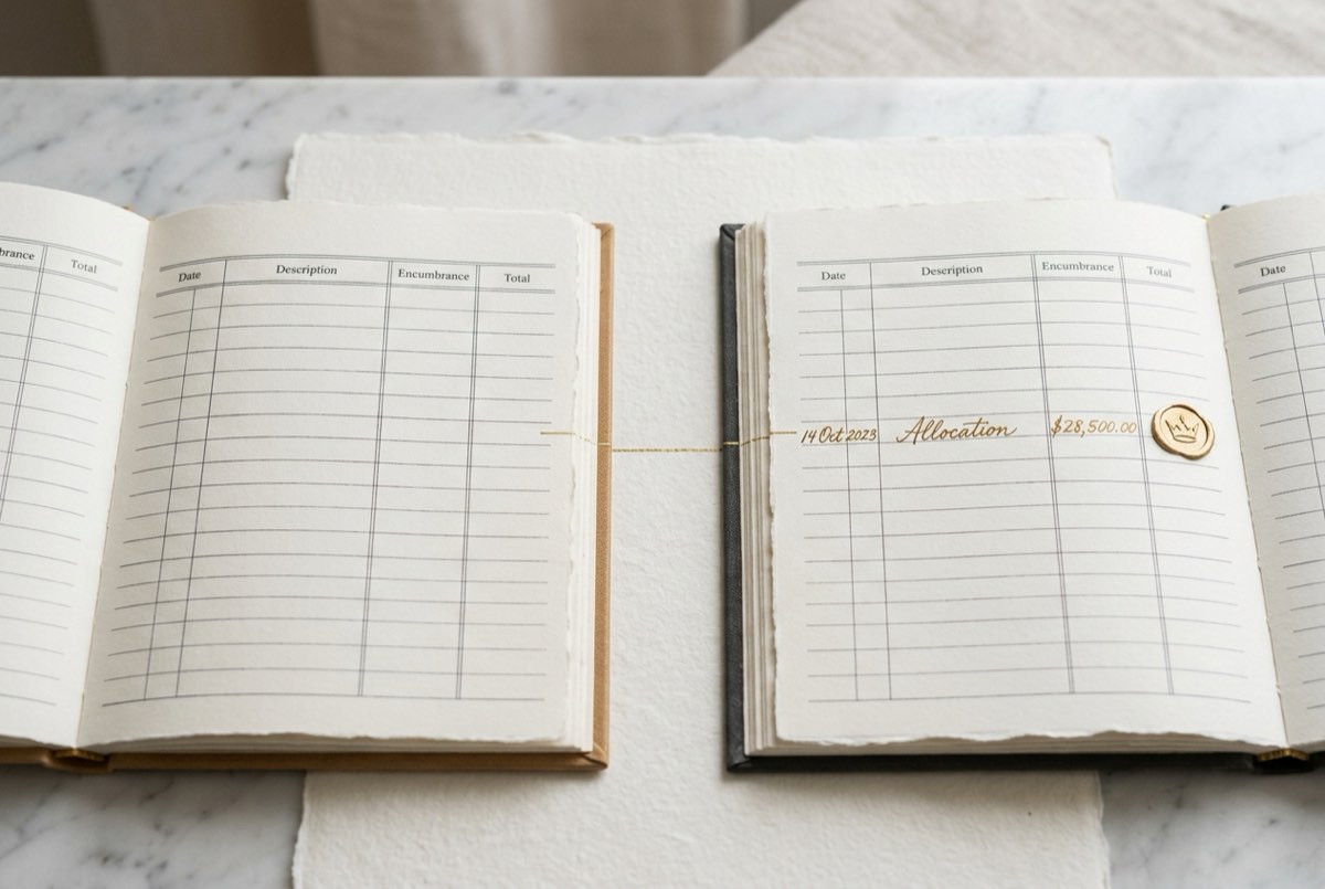 A macro flatlay of two parallel paper ledgers on off-white stock: the left ledger's encumbrance column is entirely blank, while the right le