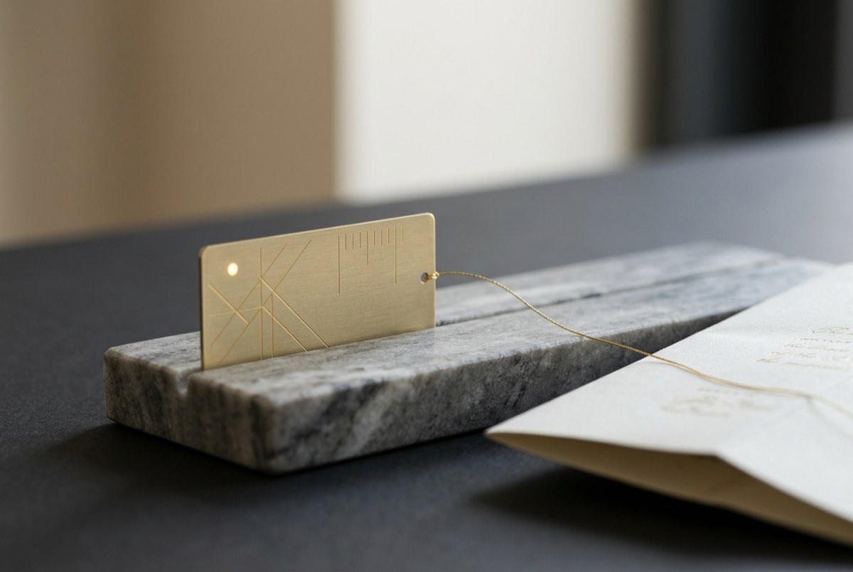 A close macro of a slim brushed-brass filing card slotted into a marble registry tray, etched with fine gold abstract index lines and a smal