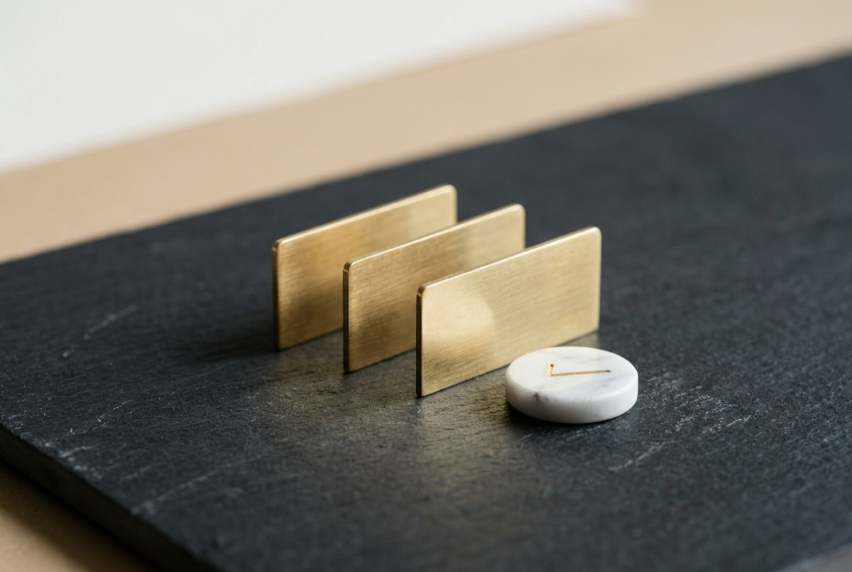 A tight macro on a polished charcoal slab: three slim brass tabs standing edge-on in a row like sequential method stages, each casting a cri