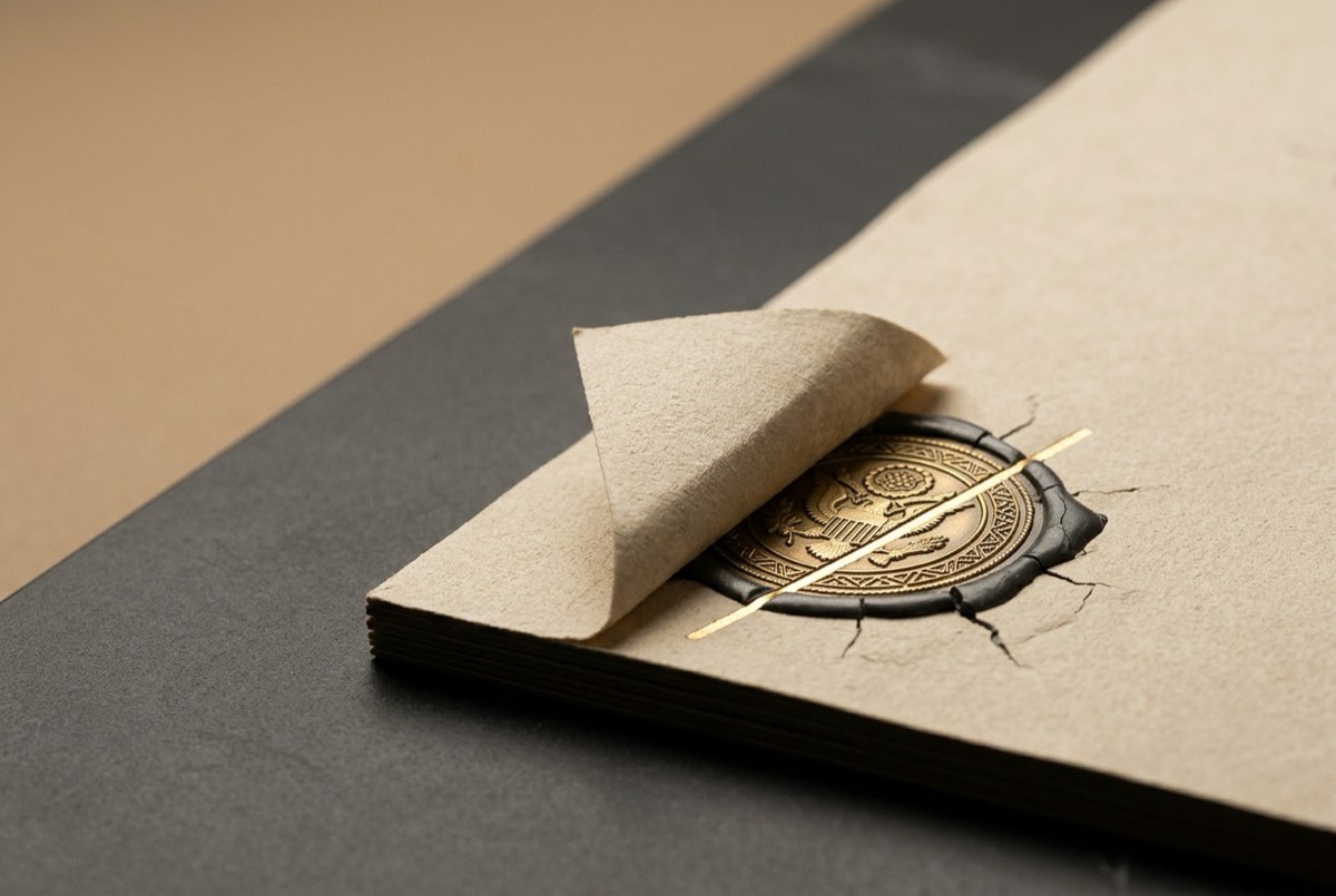 A macro detail of a stacked sale deed on warm sand-toned paper, its lower corner lifted to reveal a brass official seal that has been struck