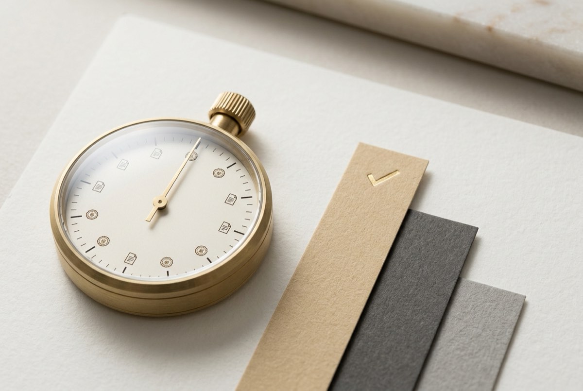An overhead macro detail of a minimalist brass stopwatch resting on matte off-white paper, its slender gold second-hand sweeping across a di