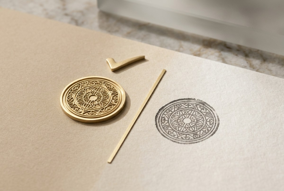 A macro detail of two near-identical order stamps side by side on warm sand paper — one a genuine raised brass seal with razor-sharp gold ed