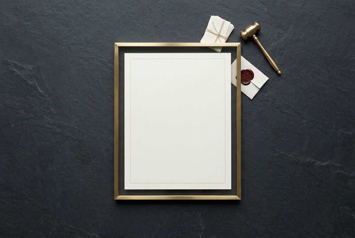 An overhead flatlay on charcoal slate of a single official certificate sheet held inside a slim brass frame, where the frame's printed bound